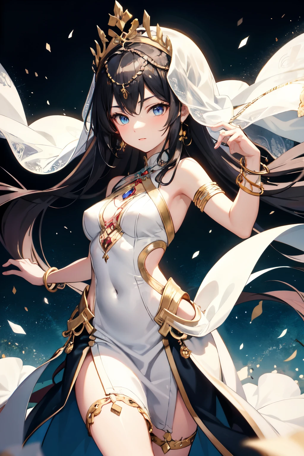 Anime girl with long white hair and dark blue eyes wearing a flowy dress that follows her movements with bangles and bracelets on her wrist and a veil on her head while wearing bright decorations
