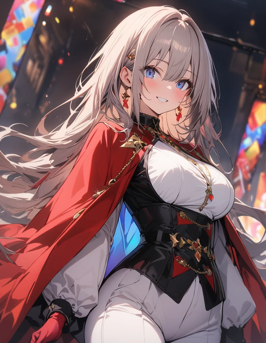 ,colorful,(masterpiece:1,2), highest quality, masterpiece, High resolution, original, 非常にDetailed壁紙, One girl ,smile,alone, Grey Hair, blue eyes, original_Costume,Red Cape,White pants, gloves, chest, uniform, large chest、animeスタイル、Flat Style、(eyes shining iridescent colors illuminated light,、More Beautiful Faces), BREAK,extremely detailed、(highest quality、masterpiece、High resolution、Detailed)、High saturation,Dynamic Angle、 8k, Super Detail, anime