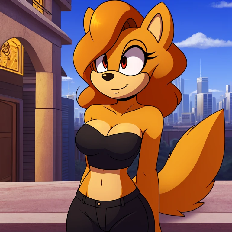 mobian female (golden retriever), ((masterpiece)), cute, attractive, ( wearing a strapless crop top:1.3), (wearing a black pants:1.5), medium breasts, cleavage, (correct proportions), (royal golden body fur:1.5), ( golden belly fur:1.1), (hair (royal golden color)):1.5, medium fluffy hair, (crystal red eyes):1.3, (dog tail):1.2, (dog ears):1.2, (city:1.5)