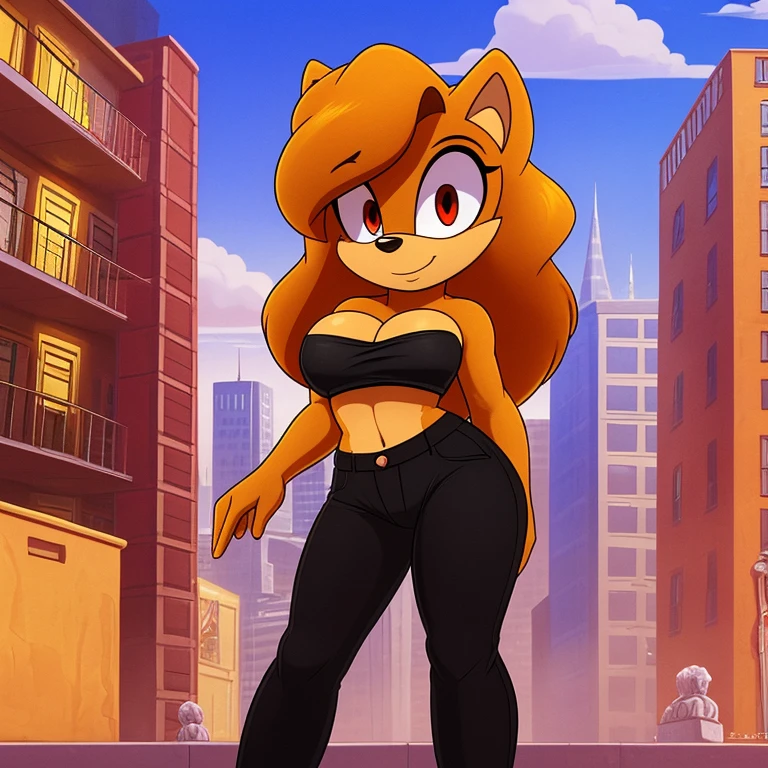 mobian female (golden retriever), ((masterpiece)), cute, attractive, ( wearing a strapless crop top:1.3), (wearing a black pants:1.5), medium breasts, cleavage, (correct proportions), (royal golden body fur:1.5), ( golden belly fur:1.1), (hair (royal golden color)):1.5, medium fluffy hair, (crystal red eyes):1.3, (dog tail):1.2, (dog ears):1.2, (city:1.5)