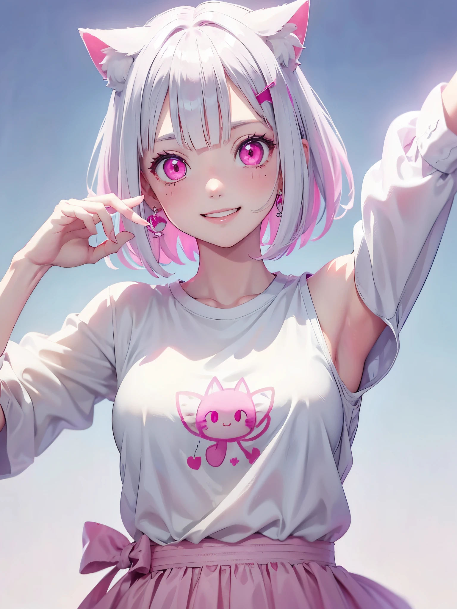 White hair. Short hair. Inner pink hair. Anime girl. Pink eyes. Glowing eyes. Nekomimi. Smiling. T-shirt. armpit.