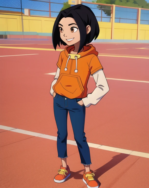 jadechan,short black hair,brown eyes,upper body, skinny, skinny legs, skinny hands, skinny neck, short stature, in school playground, 10years old girl,flat torso, cute, 
orange short sleeved hoodie,white long sleeves,hood down,sneakers,blue pants,or jeans,hands in pockets, 1girl, solo, smiling, full body view,  