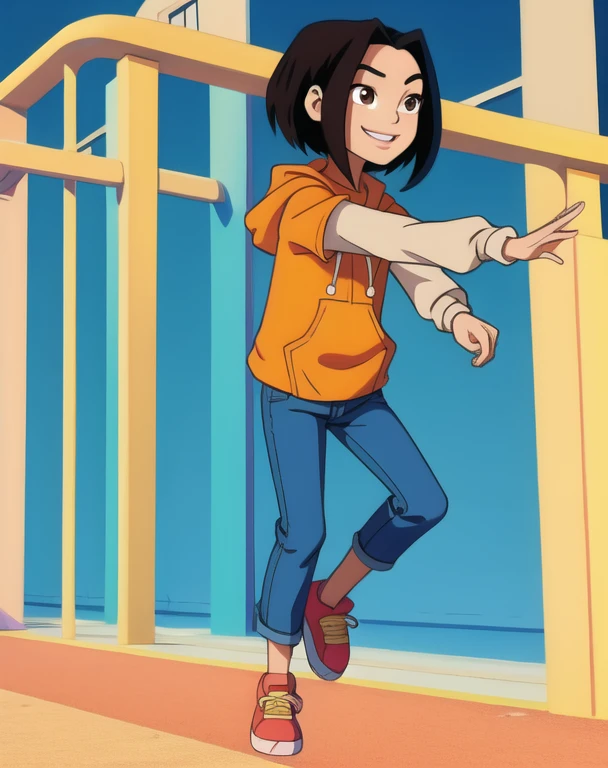 jadechan,short black hair,brown eyes,upper body, skinny, skinny legs, skinny hands, skinny neck, short stature, in school playground, 10years old girl,flat torso, cute, 
orange short sleeved hoodie,white long sleeves,hood down,sneakers,blue pants,or jeans,hands in pockets, 1girl, solo, smiling, full body view,  