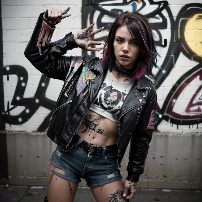 cinematic still,alternative girl,confident expression,dynamic situation,leather jacket,ripped jeans,motorcycle boots,graphic tee,detailed face,colorful hair streaks,tattoos visible,urban environment,graffiti walls,street hustle,action pose,pop culture elements,defiant stance,strong character portrayal,high contrast lighting