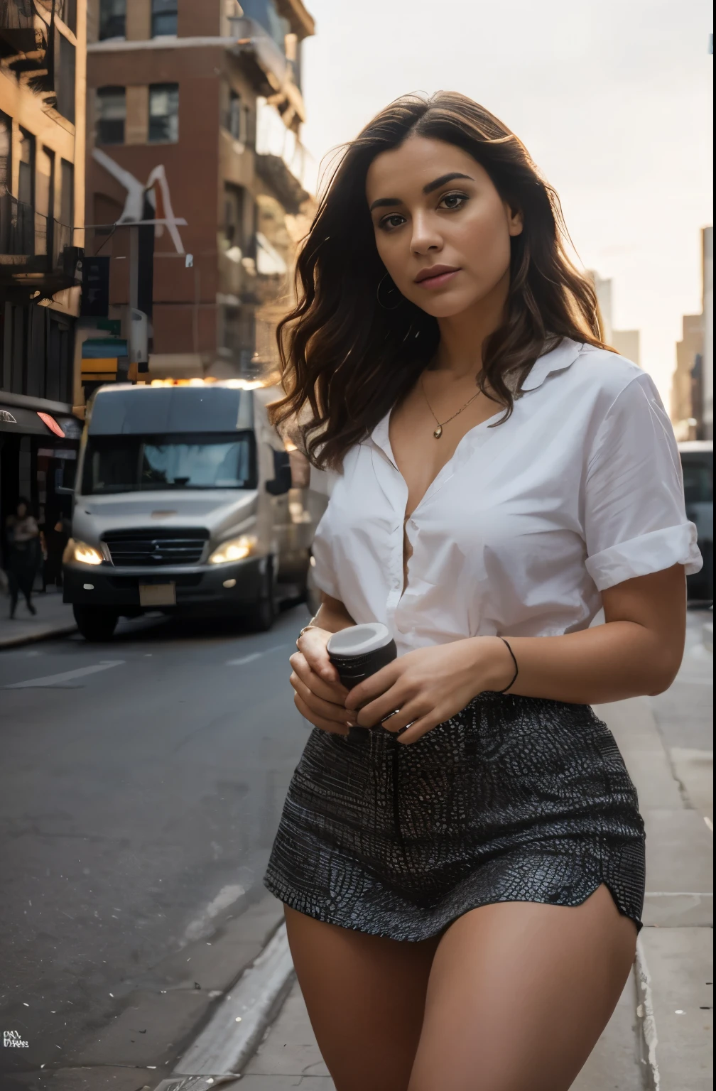 (best quality,4k,8k,highres,masterpiece:1.2),ultra-detailed,(realistic,photorealistic,photo-realistic:1.37),portrait,Colombian lady,Ella Parnell lookalike,burgundy curly hair, work clothes,cement mixer truck,New York City,professional,street scene,colorful,HDR,studio lighting,sharp focus,vivid colors,lively atmosphere,lots of details,urban setting,modern cityscape,daytime,energetic,confident expression,posing confidently,city hustle and bustle,sophisticated,stylish,dynamic perspective,glowing lights,crisp shadows,striking composition,compositionally balanced,business district,elegant,city lifestyle,urban exploration
