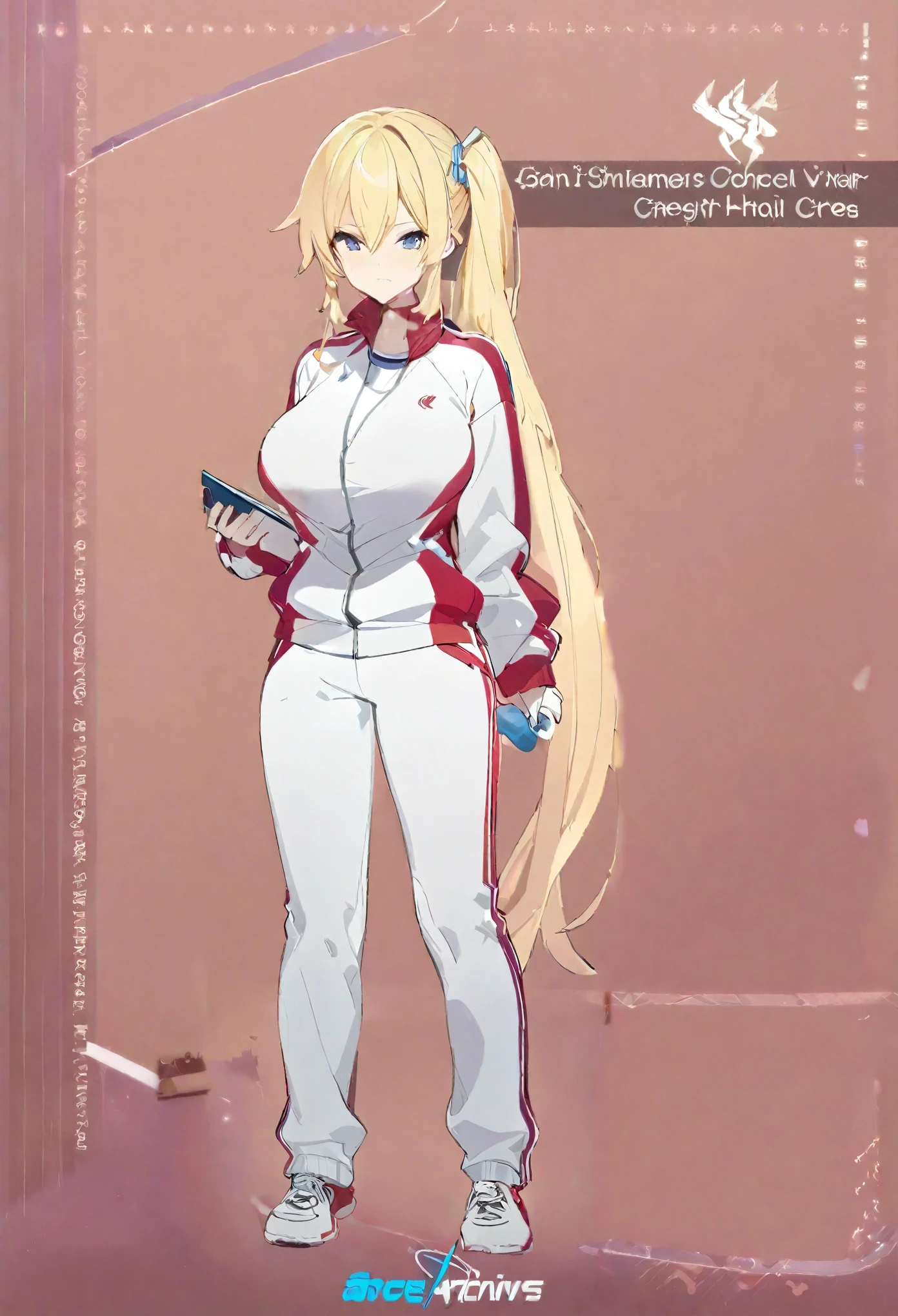 One Girl,Long trousers,red,Tracksuits,Bangs that extend between the eyes,Half Hair,Blonde,Side Ponytail,Gal,Concept Art,whole body,Are standing,bright,Simple background gray,Smuggle,Large Breasts,