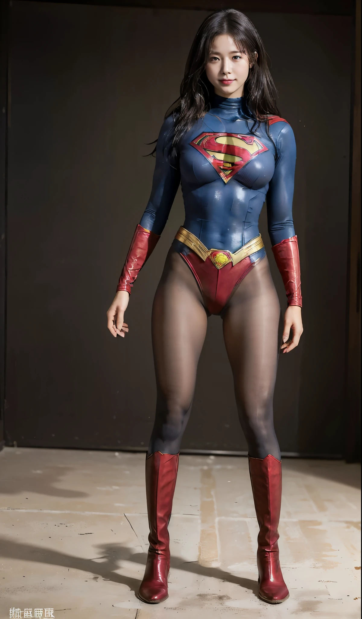 No background、(((Beautiful legs in black tights.)))、(((Legally express the beauty of your smile)))、((((Make the most of your original images)))、(((Supergirl Costume)))、(((Beautiful very short hair)))、(((suffering)))、(((Please wear black tights....、Wear red boots)))、((Best image quality、8k))、((highest quality、8k、masterpiece:1.3))、(((Preserve background )))、Sharp focus:1.2、Beautiful woman with perfect figure:1.4、Slim Abs:1.2、Wet body:1.5、Highly detailed face and skin texture、8k