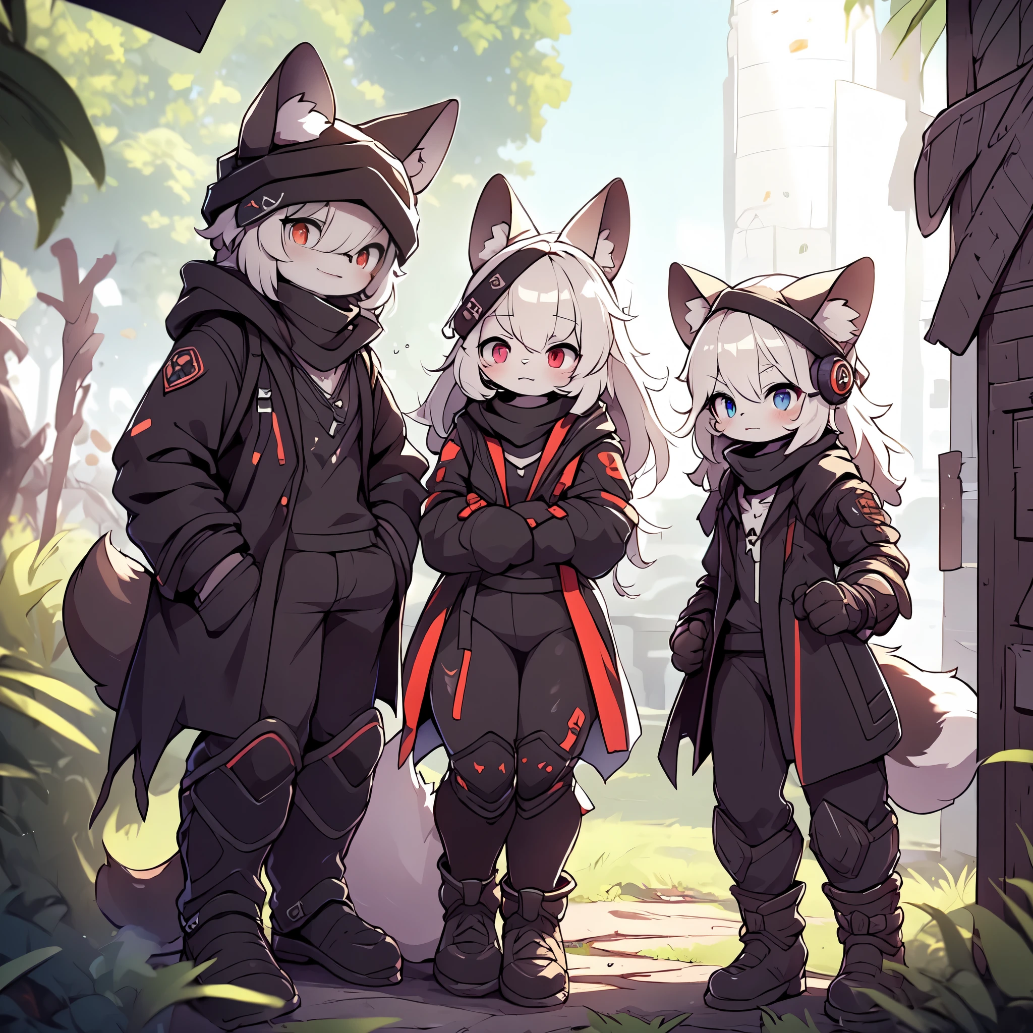 Kawaii, Striped Fluffy Fox, emaciated, long hair, 3girls, artificial synthetic skin, life support prosthetics, digital headphones, black tight latex bodysuit, white long dress, thigh-high-socks, shorts, loose off-the-shoulder hood open jacket, holsters in thigh, Mechanical boots, tactical knee pads, tactical belted loose Arm Sleeves, cybernetic Display gloves, chest rigs, tactical belts, blue archive halo, bulletproof goggles on forehead, from Ark nights, ray tracing, depth of field, bloom, masterpiece, ccurate, high details, highres