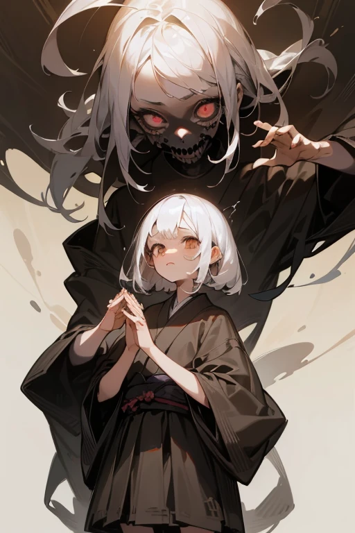 ((16 year old girl with white hair)), ((Join hands in prayer)), Ultra mini skirt,nightmare, (masterpiece), (High resolution), (Very delicate), (clear), (snap shot), {Manga styleイラスト, scribble, Cute face, Manga style, rough sketch, Horror elements,Japanese painting, Old painting style、crazy illustration, antique, Flat Illustration}, Creepy Appearance, Distinctive large hairstyle, Unique atmosphere、