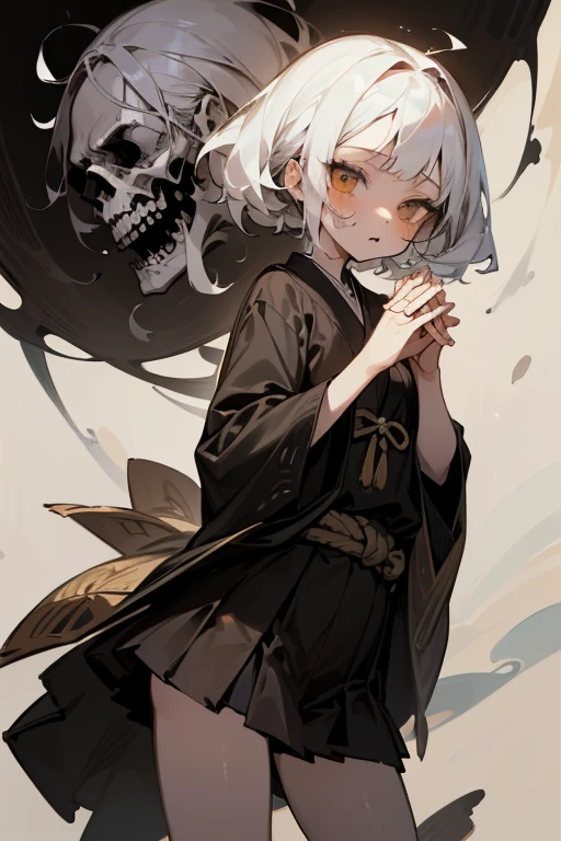 ((16 year old girl with white hair)), ((Join hands in prayer)), Ultra mini skirt,nightmare, (masterpiece), (High resolution), (Very delicate), (clear), (snap shot), {Manga styleイラスト, scribble, Cute face, Manga style, rough sketch, Horror elements,Japanese painting, Old painting style、crazy illustration, antique, Flat Illustration}, Creepy Appearance, Distinctive large hairstyle, Unique atmosphere、