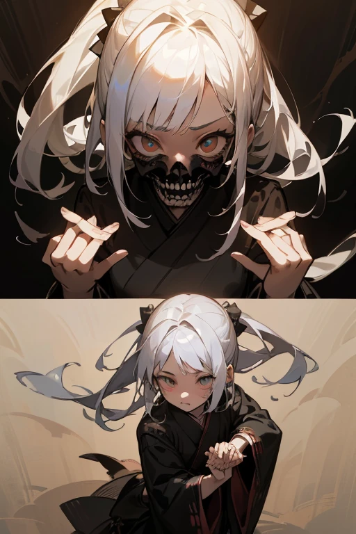 ((16 year old girl with white hair)), ((Join hands in prayer)), Ultra mini skirt,nightmare, (masterpiece), (High resolution), (Very delicate), (clear), (snap shot), {Manga styleイラスト, scribble, Cute face, Manga style, rough sketch, Horror elements,Japanese painting, Old painting style、crazy illustration, antique, Flat Illustration}, Creepy Appearance, Distinctive large hairstyle, Unique atmosphere、
