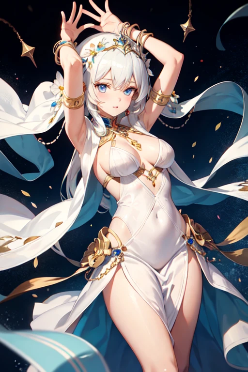 Anime girl with long white hair and dark blue eyes wearing a flowy dress that follows her movements with bangles and bracelets on her wrist and a veil on her head while wearing bright decorations