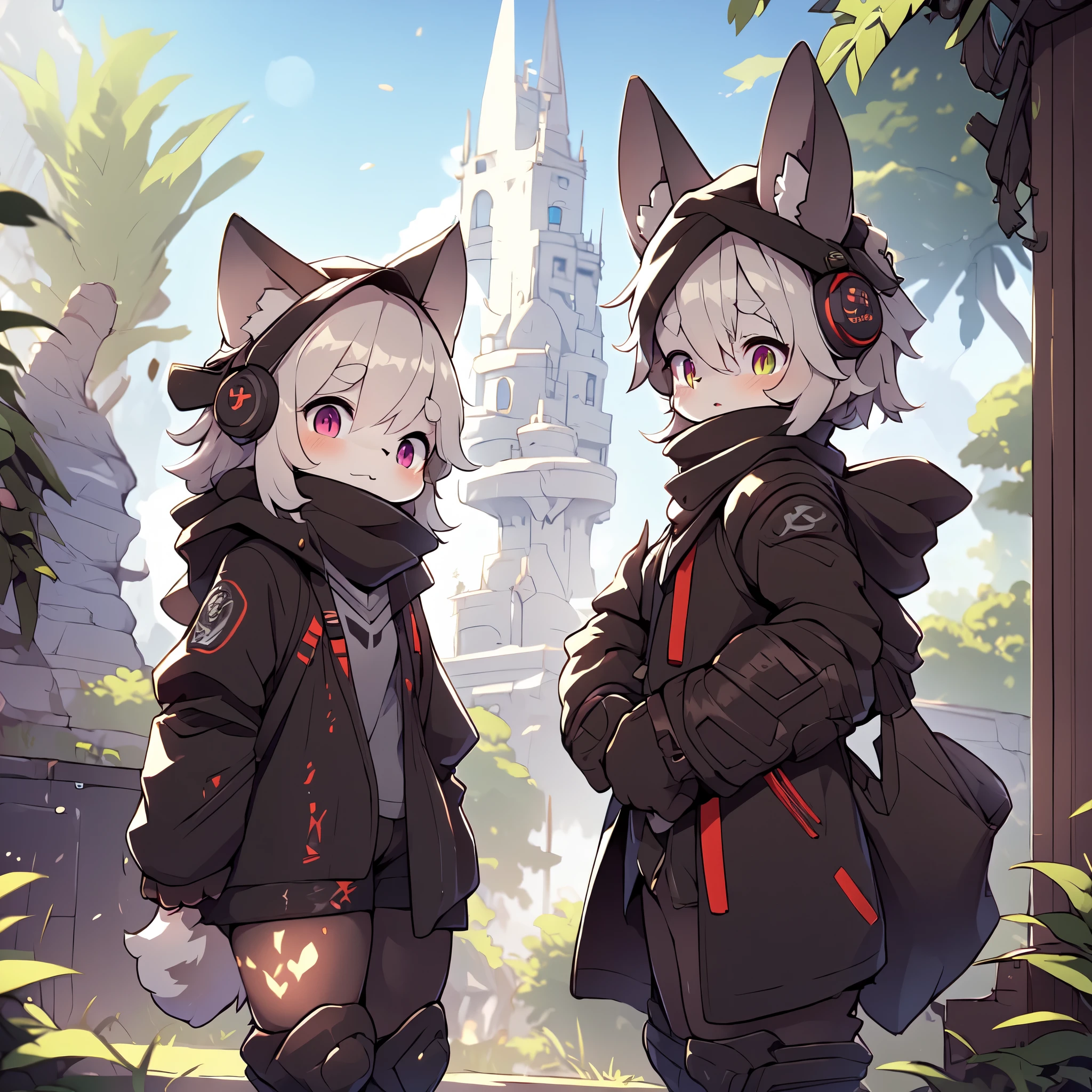 Kawaii, Striped Fluffy Fox, emaciated, long hair, 3girls, artificial synthetic skin, life support prosthetics, digital headphones, black tight latex bodysuit, white long dress, thigh-high-socks, shorts, loose off-the-shoulder hood open jacket, holsters in thigh, Mechanical boots, tactical knee pads, tactical belted loose Arm Sleeves, cybernetic Display gloves, chest rigs, tactical belts, blue archive halo, bulletproof goggles on forehead, from Ark nights, ray tracing, depth of field, bloom, masterpiece, ccurate, high details, highres