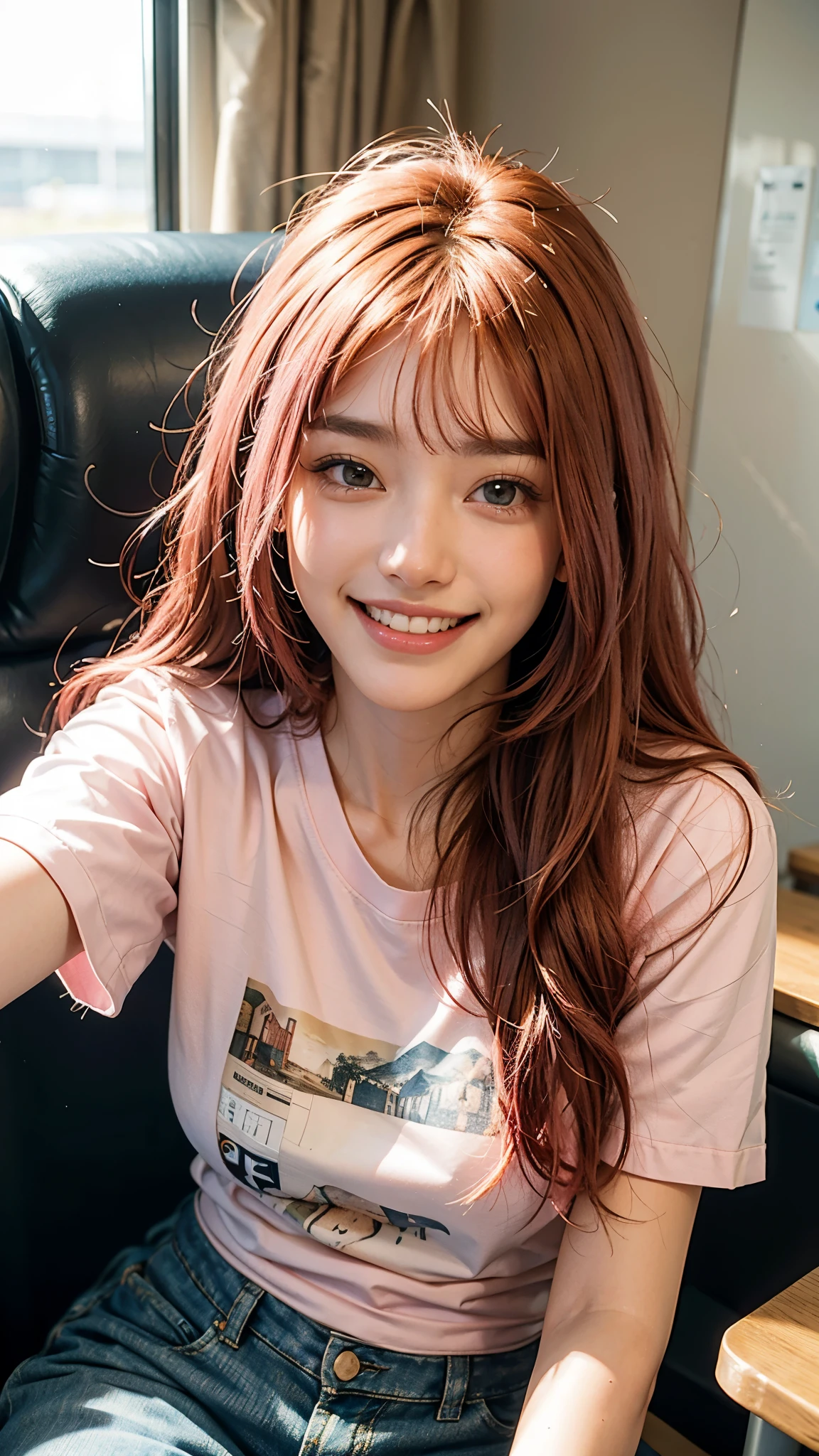 highest quality, masterpiece, Ultra-high resolution, (Realistic:1.4), (Close-up portrait) RAW Photos, 1 girl,20-year-old,((I'm showing my teeth and smiling)),((Big smile)),((Inside the Shinkansen)),((look up)),((Random cute poses)),,((Passionate pink haired girl )),((Pure white T-shirt)),Messy Hair,((Cap Chestnut)),((Short bangs)),Realistic,Image Media Chest)),