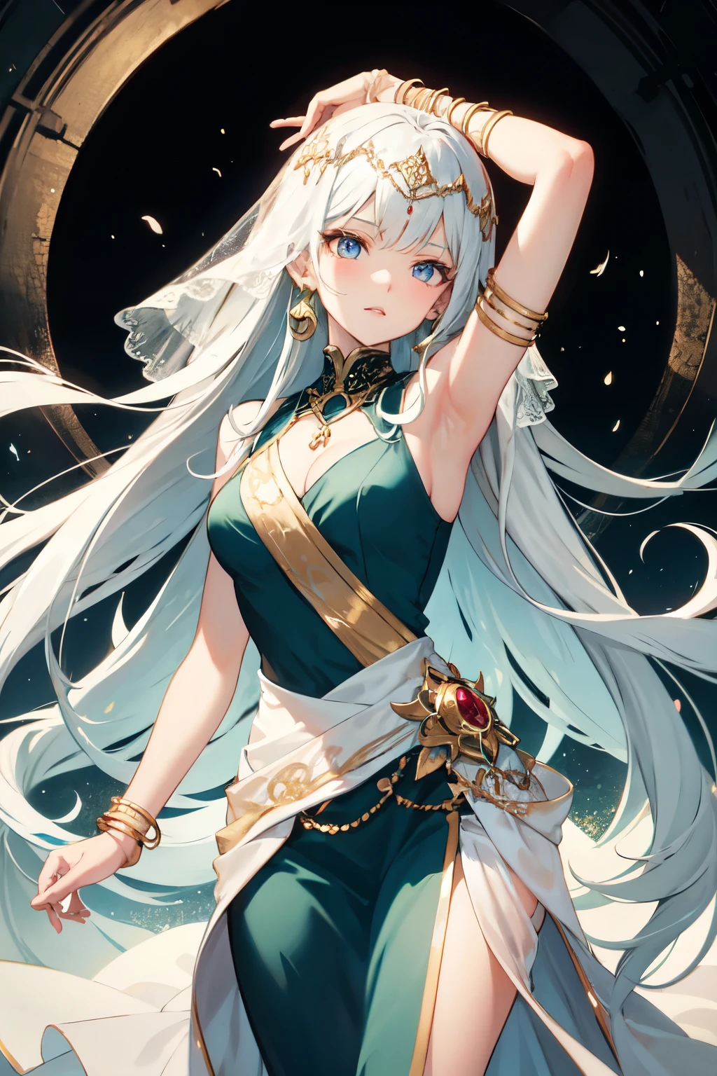 Anime girl with long white hair and dark blue eyes wearing a flowy dress that follows her movements with bangles and bracelets on her wrist and a veil on her head while wearing bright decorations