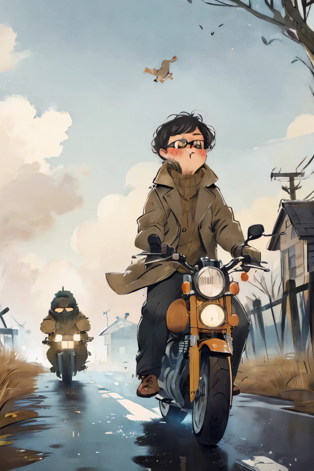 Masterpiece,(Best Quality),dog,dog in trench coat,jacket,glasses,riding a motorcycle,Suburb,Village,