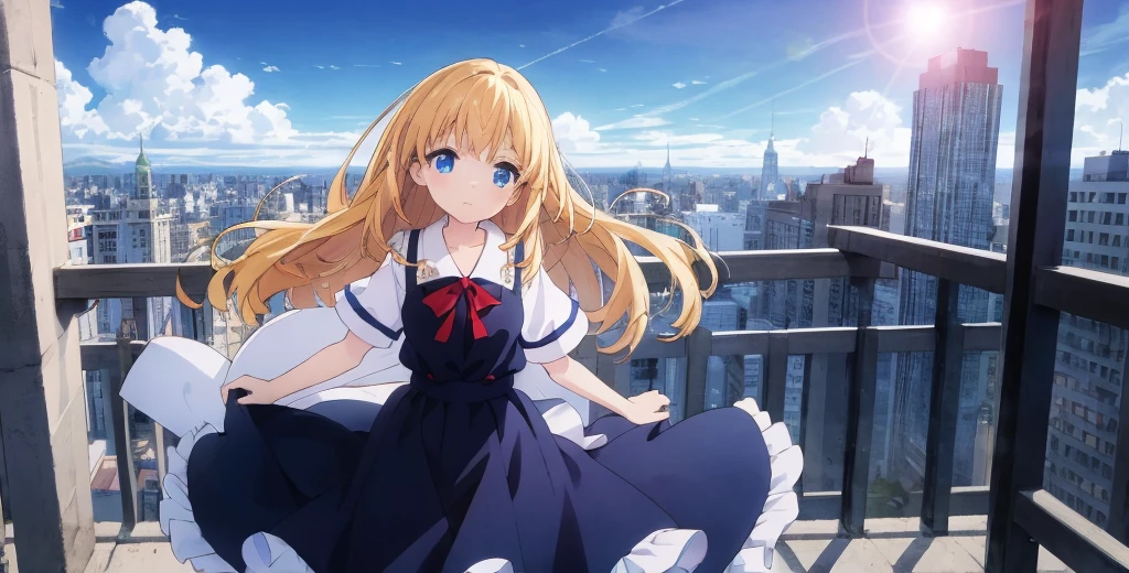 absurderes, hight resolution, (Anime style:1.1), ((masutepiece)), ((Best Quality)), (Ultra-detailed), (Beautiful), solo, Beautiful face、(liftup)、Cute looking at the view from the top of a skyscraper that is closer to the atmosphere,Wind,Thin White colorful long hair,, Blue Eyes,Lens Flare,Dramatic,Detailed Ancient City、Skirt fluttering in the wind、Clouds below looking down、(Don't look here:1.4)