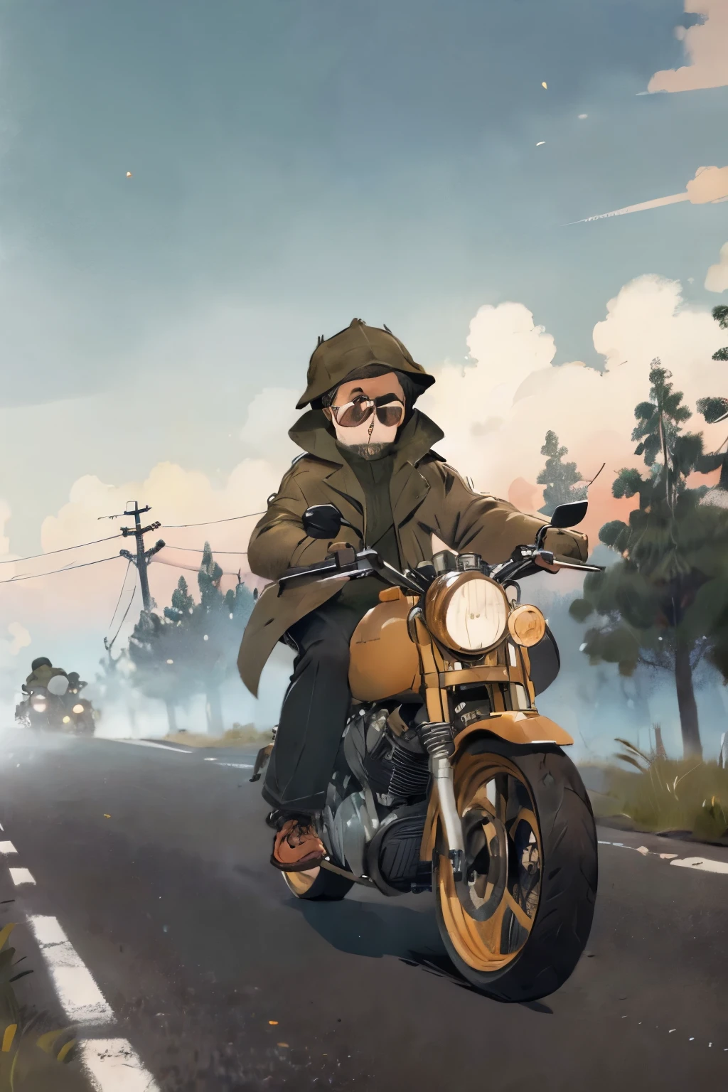 Masterpiece,(Best Quality),dog,dog in trench coat,jacket,glasses,riding a motorcycle,Suburb,Village,