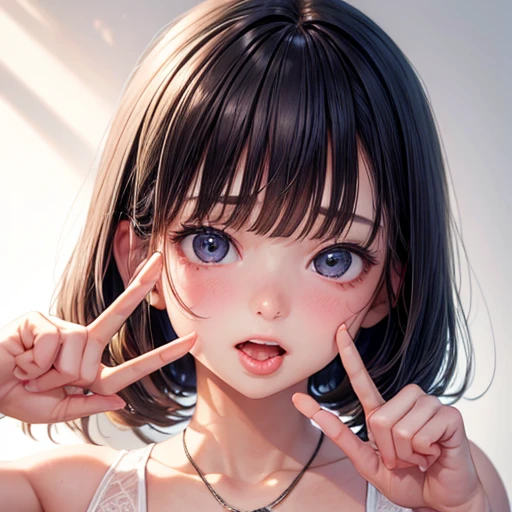 One girl, Realistic, Embarrassed face, Look in the center, Open your mouth, Stick out your tongue,Peace sign with both hands next to face,White underwear,See-through,Straight bangs、whole body