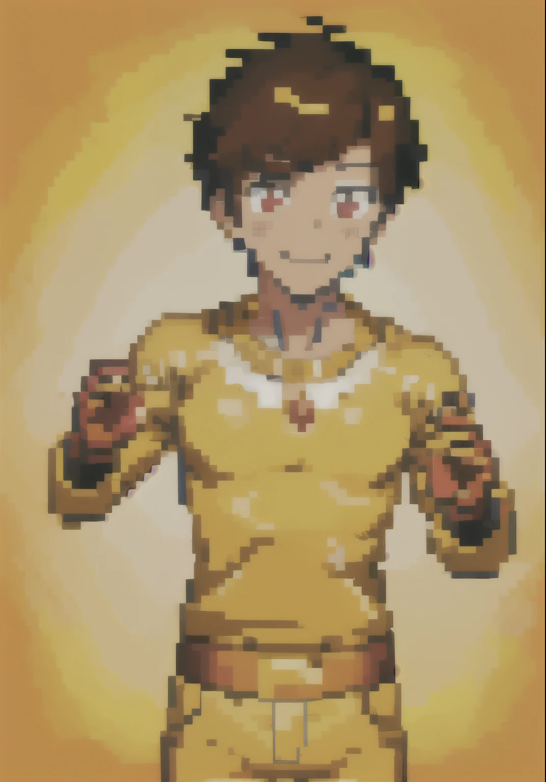 pixai, hombre,sonrisa, Ojos cerrados,,  traje amarillo con guantes rojos, Brillantina, 
cuerpo completo, pixel