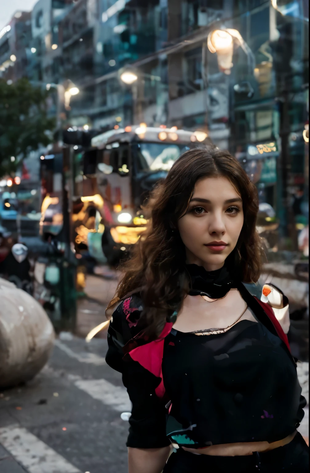 (best quality,4k,8k,highres,masterpiece:1.2),ultra-detailed,(realistic,photorealistic,photo-realistic:1.37),portrait,Colombian lady,Ella Parnell lookalike,burgundy curly hair,sexy work clothes,cement mixer truck,New York City,professional,street scene,colorful,HDR,studio lighting,sharp focus,vivid colors,lively atmosphere,lots of details,urban setting,modern cityscape,daytime,energetic,confident expression,posing confidently,city hustle and bustle,sophisticated,stylish,dynamic perspective,glowing lights,crisp shadows,striking composition,compositionally balanced,business district,elegant,city lifestyle,urban exploration
