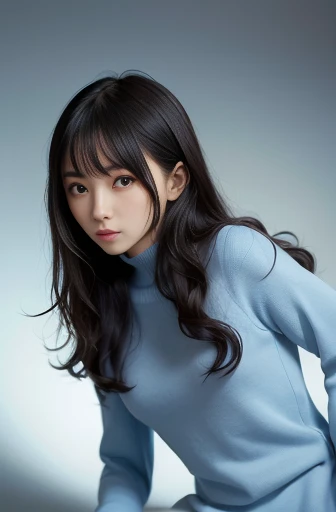 best quality, detailed, beautiful, insanely detailed, absurdres,perfect anatomy,
Japanese female,black hair,27 years old,
(slender),
(small breasts best quality),
surreal, close on, from below, leaning forward, long wavy curly hair, super fucking beautiful, happy, light blue jumper dress school,