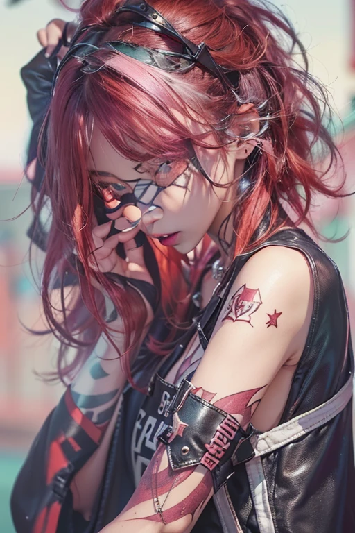 Sleeveless、The tattoo、bright red、Really red、Red、Red-haired、rot、red hairs、head phone、🎧、goth_punk, 1girl in, solo, medium shot, Walking in Harajuku, ((during night)), bokeh dof, Neon light, Iridescent eyes, starrysky, red glowing hair, Black eyebrows, Radiant hair, (iridescent red hair), 耳Nipple Ring, bangss, jewely, masks, bluntbangs, verd s eyes, Mouth mask, blurry backround, bblurry, hair adornments, Look at viewers, shorth hair, portraitures, side locks、goth、(masutepiece), (Portrait), (Aesthetic), (Beautiful), (upper blody), (High quality), (aesthetic clothings), (professional angle), (thirds rule), (Feminine), (Woman), (Female), (Beautiful),(Feminine features), (25-years old), Solo, 1 woman, (Charming punk girl), Winters, Dramatic light, ((Playing guitar)), (Standing), Edgy makeup, (Small bust), ((electric guitar)), (Front face), (Defiant expression), ((defiance)), (Leather jackets and tattoos), ((Short hair)), (dyed (E.G. and pinks) hair), (spiky hair), (Thick hair), Matte Shine Hair, (Hair bands scattered in the hair), (Green eyes), (Bold and bold look), (pale skin), (Dark clothes), (Band T-shirt), (Ripped jeans), (-), crew neckline), ((Urban alley background)), (up close shot), Beautiful hands, Two hands, normal hands, Two arms, complete hands, Beautiful body, Beautiful fingers, normal fingers, Five Fingers, Five Fingers, (Thumb index finger ring finger), Beautiful ears, normal ears, Beautiful eyes, shiny eyes, Beautiful mouth, Beautiful lips,