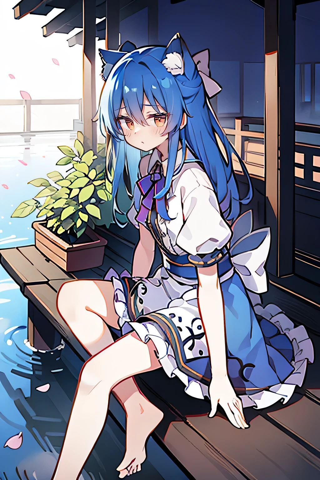 (masterpiece:1.2),ultra-detailed,realistic,expressive eyes,fair-skinned,perfectly shaped face,1girl,
Japanese cartoons,Gorgeous blue hair, flowing blue hair,floating clothes,cat ears,petals falling,beautiful Lola,Hina Angel,
hands on waist,gracefully sitting on the ground,legs crossed,gentle and serene background,cool and comfortable pavilion,night ,smile.