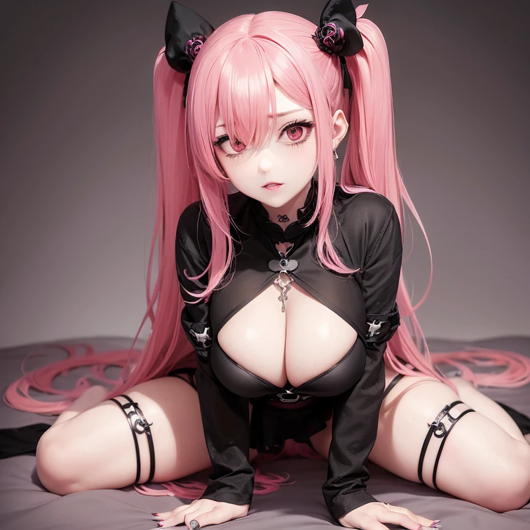 a woman with pink hair in a scary pose, inspired by Fujiwara Takanobu, tattooed skin, tumblr, gothic art, full body of a young anime girl, virgo, red and black colors, blood core, nightcore, very passionate, japanese gyaru portrait, scary pink, with long curly hair, more well known as amouranth, doll face, anime set style, hot pink and black