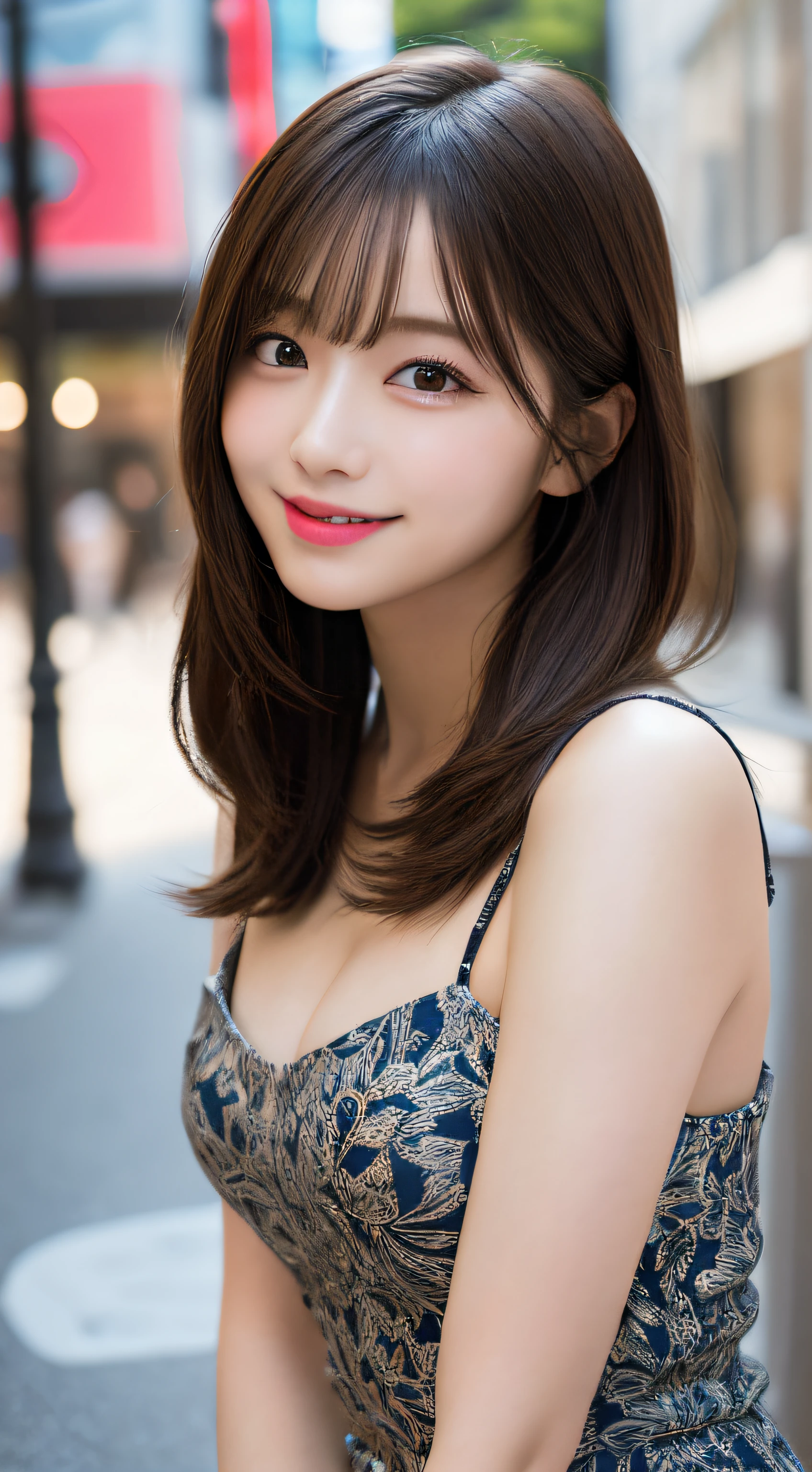 masutepiece, Best Quality, Illustration, Ultra-detailed, finely detail, hight resolution, 8K Wallpaper, Perfect dynamic composition, Beautiful detailed eyes, Women's Fashion Summer,Medium Hair,Big Natural Color Lip, Bold sexy poses,Smile,Harajuku、20 years girl、Cute、Sexy shot looking at camera