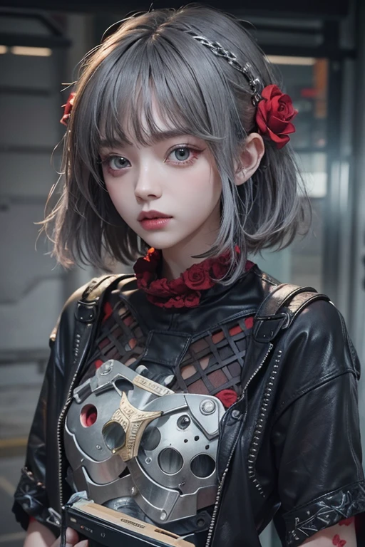 top-quality、8K、masterpiece:1.3、Gothic punk、Red inner color、A grey dark-haired、hair adornments、a beauty girl、creative、punk shirt、Neogos、Goth Fashion:1.2、high resolution、masterpiece、top-quality、headw:1.3、((Hasselblad photo))、Fine-grained skin、Sharp Focus、(lighting like a movie)、walking Tokyo night under the neon the back, forehead open, 19 years old、Brush your hair back、Shoulder Bare、1 small Red rose tattoo in the décolletage