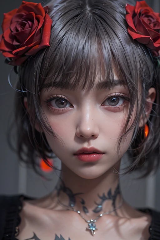 top-quality、8K、masterpiece:1.3、Gothic punk、Red inner color、A grey dark-haired、hair adornments、a beauty girl、creative、punk shirt、Neogos、Goth Fashion:1.2、high resolution、masterpiece、top-quality、headw:1.3、((Hasselblad photo))、Fine-grained skin、Sharp Focus、(lighting like a movie)、walking Tokyo night under the neon the back, forehead open, 19 years old、Brush your hair back、Shoulder Bare、1 small Red rose tattoo in the décolletage