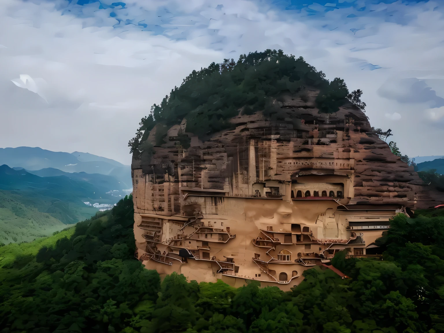 Mountains with some clouds in the distance，There are Buddhist caves on the cliffs of the mountains in the middle view， Chinese scenery, Majestic mountain peaks, Beautiful and mysterious,