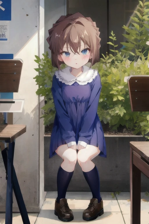 Phase Huiyuan, short hair, Brown Hair, bangs, Hair between the eyes, blue eyes, Short dress, zettai_ryouiki, Embarrassing, blush, squat, forest 