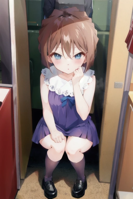 Phase Huiyuan, short hair, Brown Hair, bangs, Hair between the eyes, blue eyes, Short dress, zettai_ryouiki, Embarrassing, blush, squat, forest 