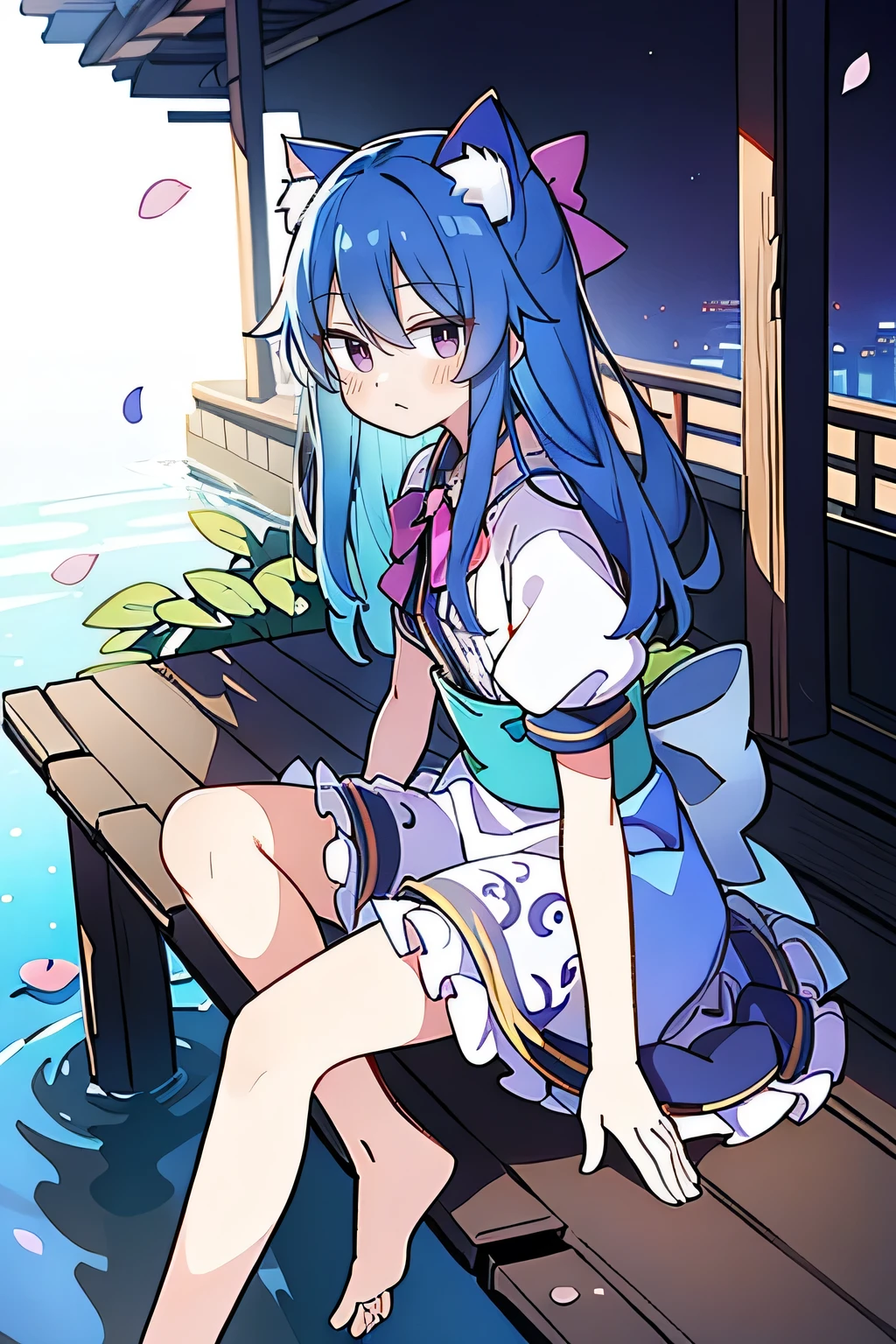 (masterpiece:1.2),ultra-detailed,realistic,expressive eyes,fair-skinned,perfectly shaped face,1girl,
Japanese cartoons,Gorgeous blue hair, flowing blue hair,floating clothes,cat ears,petals falling,beautiful Lola,Hina Angel,
hands on waist,gracefully sitting on the ground,legs crossed,gentle and serene background,cool and comfortable pavilion,night ,smile.