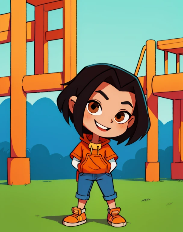 jadechan,short black hair,brown eyes,upper body, skinny, skinny legs, skinny hands, skinny neck, short stature, in school playground, years old girl,flat torso, cute, big head,
orange short sleeved hoodie,white long sleeves,hood down,sneakers,blue pants,or jeans,hands in pockets, 1girl, solo, smiling, full body view,