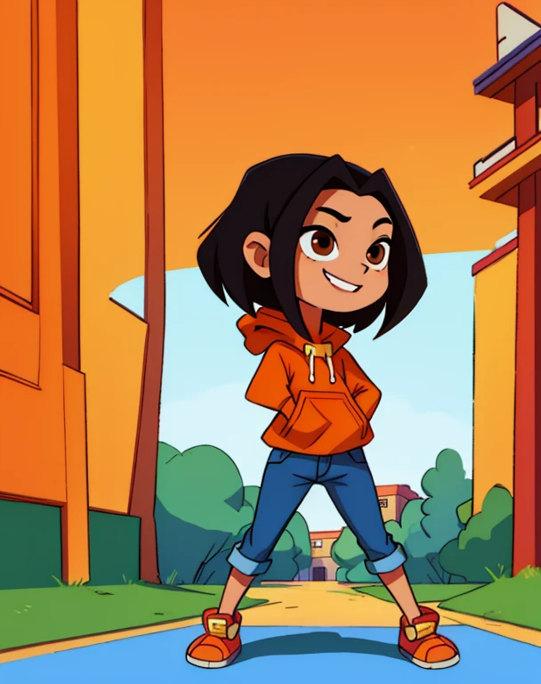 jadechan,short black hair,brown eyes,upper body, skinny, skinny legs, skinny hands, skinny neck, short stature, in school playground, years old girl,flat torso, cute, big head,
orange short sleeved hoodie,white long sleeves,hood down,sneakers,blue pants,or jeans,hands in pockets, 1girl, solo, smiling, full body view,  