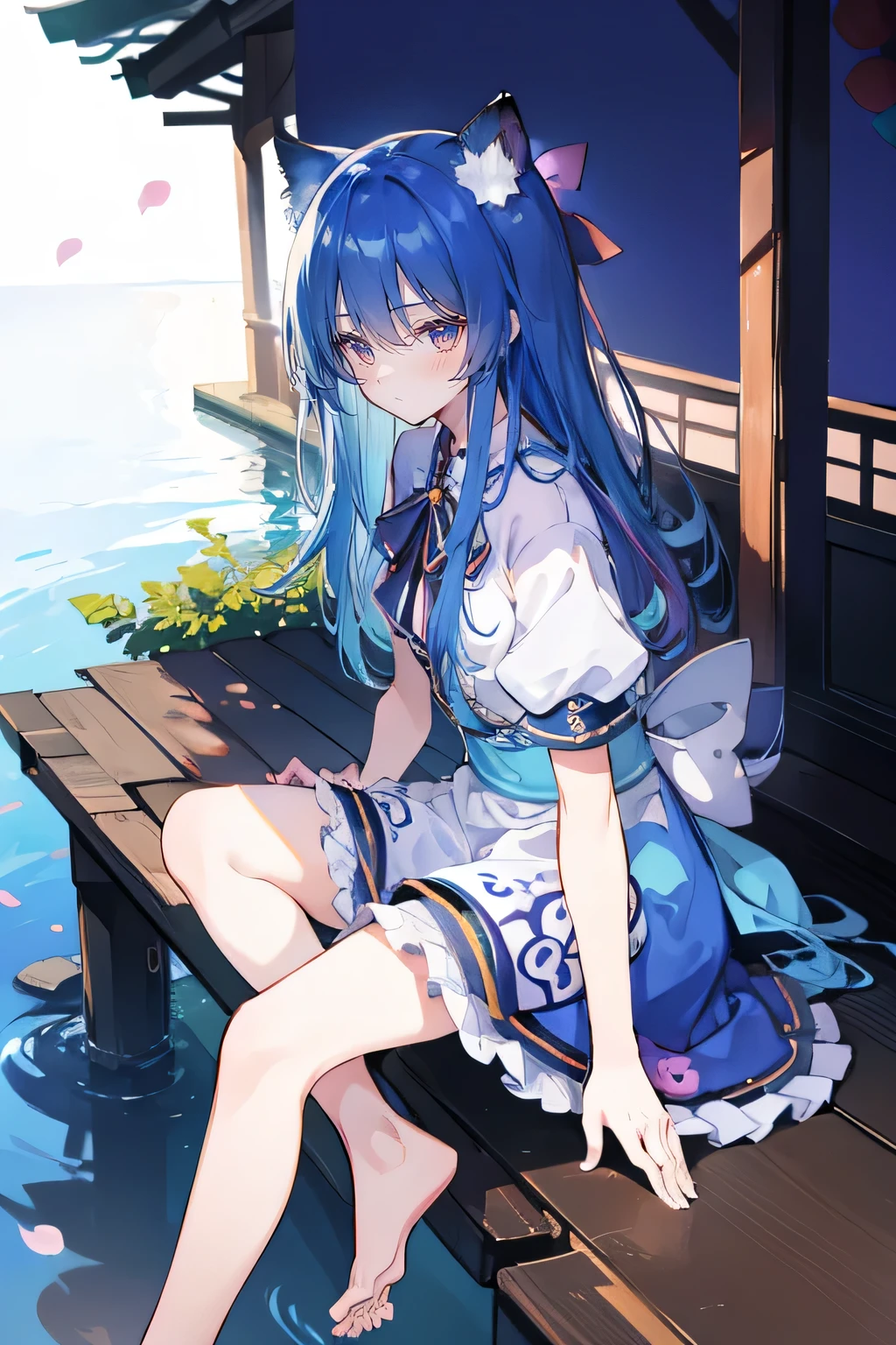 (masterpiece:1.2),ultra-detailed,realistic,expressive eyes,fair-skinned,perfectly shaped face,1girl,
Japanese cartoons,Gorgeous blue hair, flowing blue hair,floating clothes,cat ears,petals falling,beautiful Lola,Hina Angel,
hands on waist,gracefully sitting on the ground,legs crossed,gentle and serene background,cool and comfortable pavilion,night ,smile.