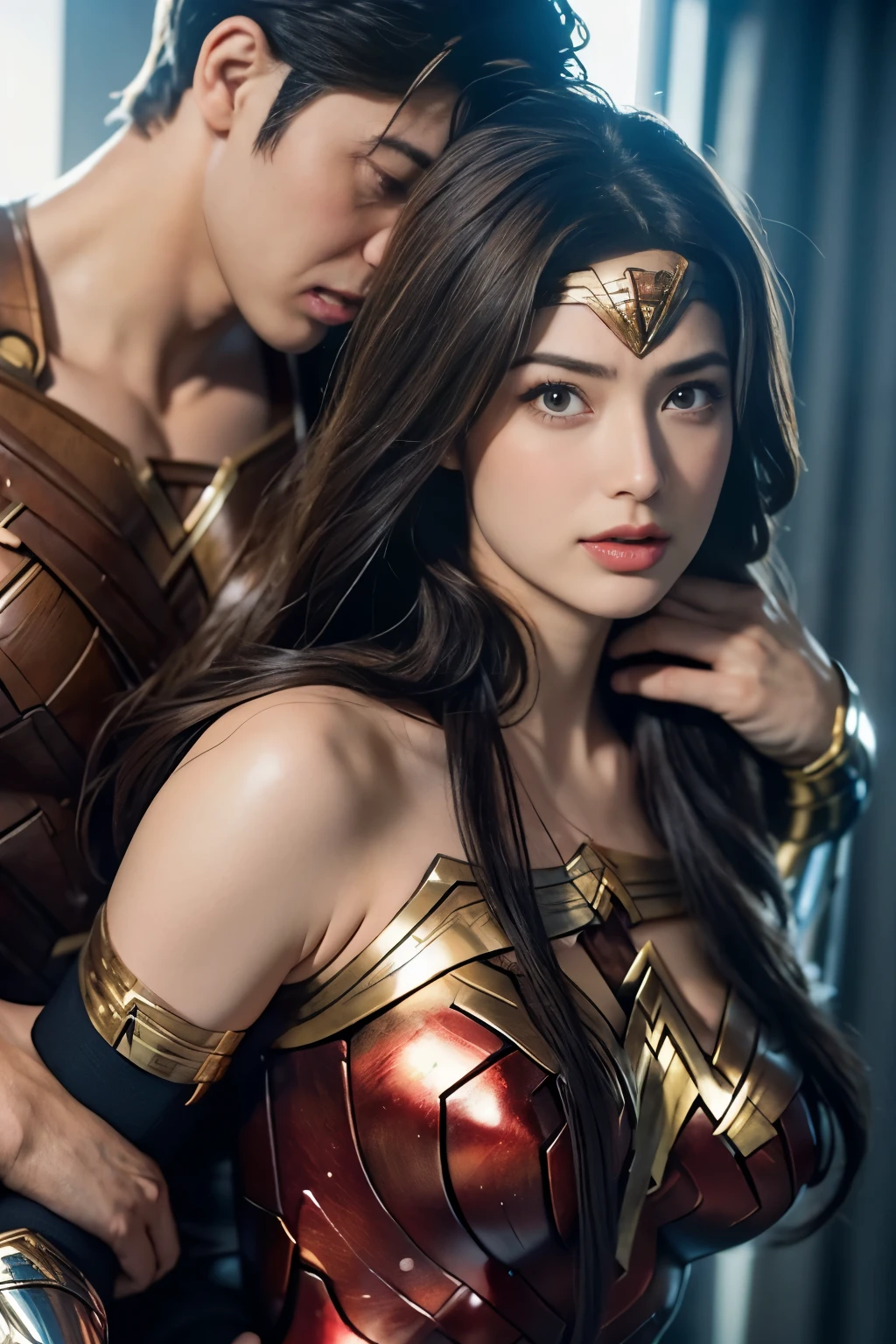 私はWonder Womanです、完璧なWonder Womanの衣装，お姫様Hugged,Hugged,Being strangled,You can hold it，Leaning on the man，Hugged，Can be lifted，Men lick my face with their tongues,The guys lick my head with their tongues,Men lick my hair with their tongues,My body is licked by men,sleeping face,Close ~ eyes,Open your mouth,Tired face,Face of Suffering,sleeping face,Being slapped in the face,Getting punched in the face,Fighting with men,Fight with the men,Surrounded by men,,Caught between the men,Being held back by men,Entanglement with males, Attacked by men,Brown Hair,  masterpiece、beautiful girl、fine 目、puffy eyes、highest quality, 超High resolution, (reality: 1.4), Cinema Lighting,so beautiful、Beautiful Skin、(超reality的な)、(High resolution)、(8k)、(Very detailed)、(beautiful and fine 目)、(Very detailed)、 Detailed face、Diagonal bangle hair、Brown Hair、20-year-old、Wonder Womanのコスプレ，Wonder Woman