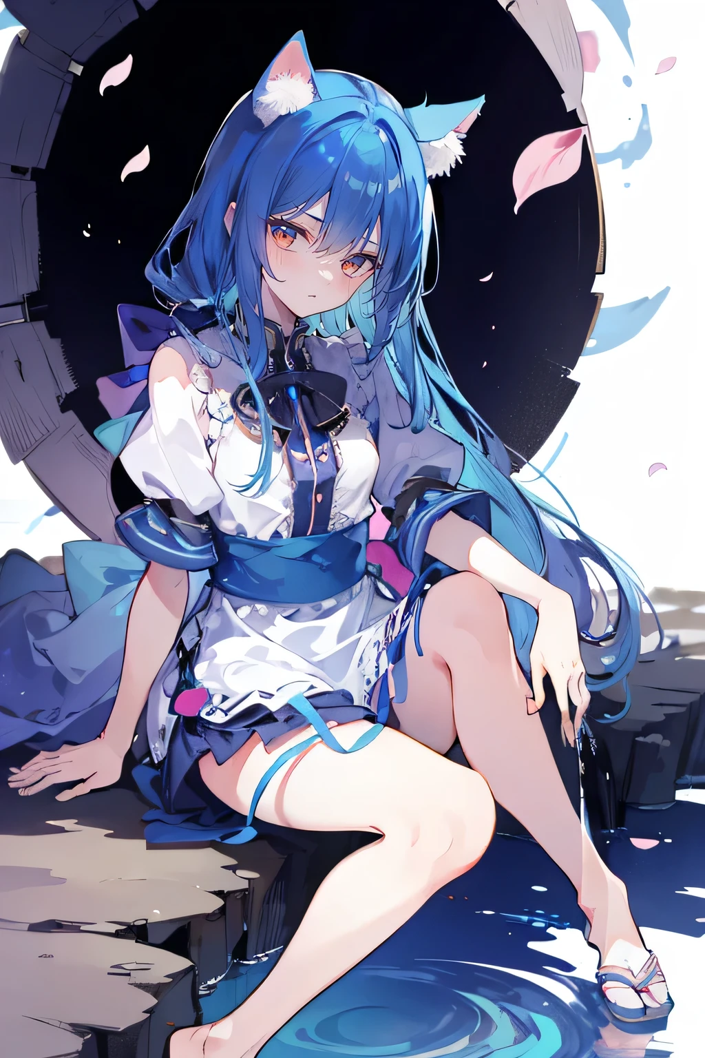 (masterpiece:1.2),ultra-detailed,realistic,expressive eyes,fair-skinned,perfectly shaped face,1girl,
Japanese cartoons,Gorgeous blue hair, flowing blue hair,floating clothes,cat ears,petals falling,beautiful Lola,Hina Angel,
hands on waist,gracefully sitting on the ground,legs crossed,gentle and serene background,cool and comfortable pavilion,night ,smile.