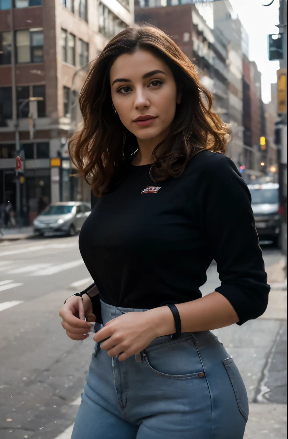 (best quality,4k,8k,highres,masterpiece:1.2),ultra-detailed,(realistic,photorealistic,photo-realistic:1.37),portrait,Colombian lady,Ella Parnell lookalike,burgundy curly hair,sexy work clothes,cement mixer truck,New York City,professional,street scene,colorful,HDR,studio lighting,sharp focus,vivid colors,lively atmosphere,lots of details,urban setting,modern cityscape,daytime,energetic,confident expression,posing confidently,city hustle and bustle,sophisticated,stylish,dynamic perspective,glowing lights,crisp shadows,striking composition,compositionally balanced,business district,elegant,city lifestyle,urban exploration