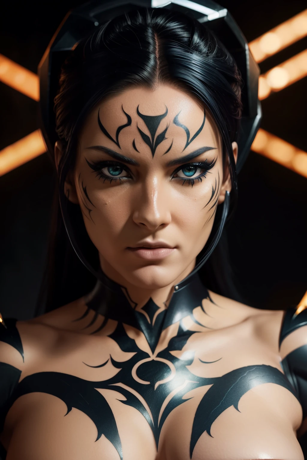 Closeup portrait of a fierce Female HERO with a scorpion theme, her terrifying yet beautiful eyes gleaming with determination. Her muscles ripple beneath her skin, adorned with intricate tattoos of scorpions crawling up her arms. Her costume is a bold combination of armor and fabric, designing an alluring contrast between her femininity and strength.
As she stares straight into the camera, her Evangelion fusion and Vixen fusion Predator alter ego blend seamlessly into her form. Camera effects of hyperrealistic image enhance the lifelike details of her textured skin and the fine angles of her face.
The image is set in a dimly lit, womanly