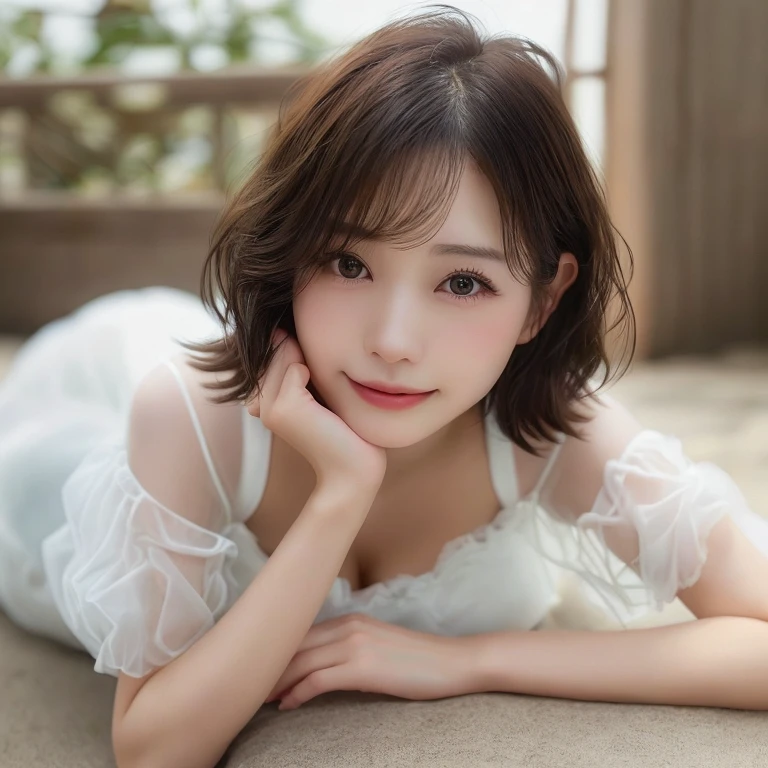 Photo-realistic quality、A fifty-something Japanese woman lying on the beach with her chin on her hand, Short Hair, Japanese Model, 女のChild かわいい 綺麗な顔, Young and cute gravure idol, 美しい日本の女のChildの顔,, Cute young woman, Beautiful Japanese Women、looking at the camera、Wearing a sheer white dress、Slightly larger breasts、Cleavage、A soft and gentle look、Brunette Hair