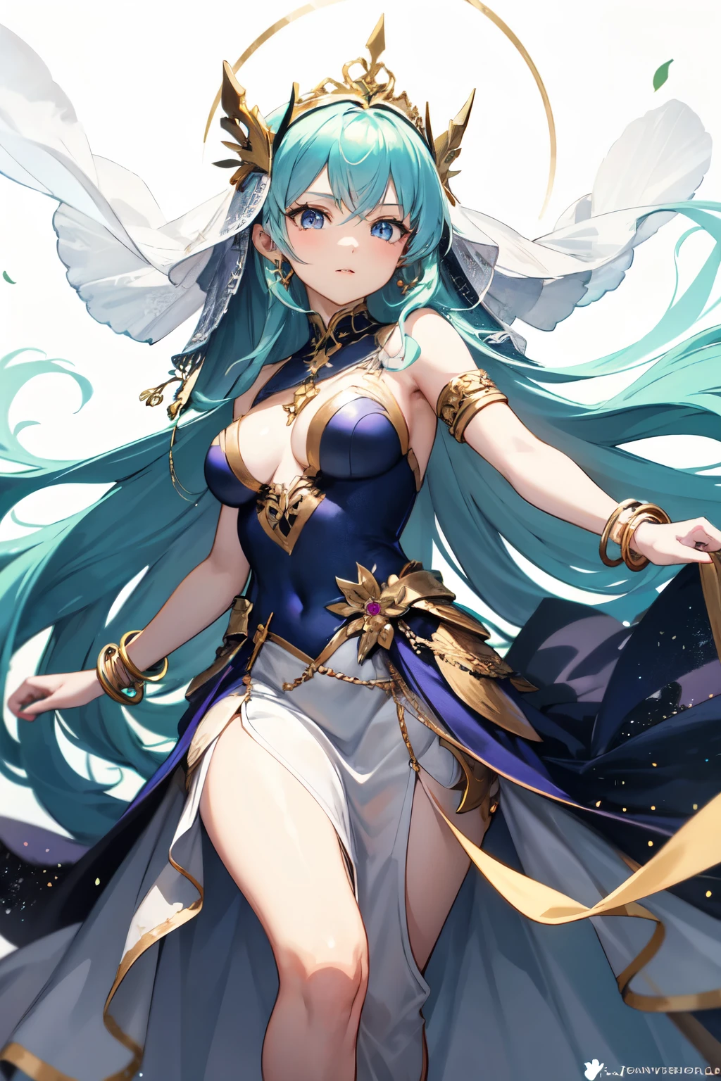 Anime girl with long white hair and dark blue eyes wearing a flowy dress that follows her movements with bangles and bracelets on her wrist and a veil on her head while wearing bright decorations
