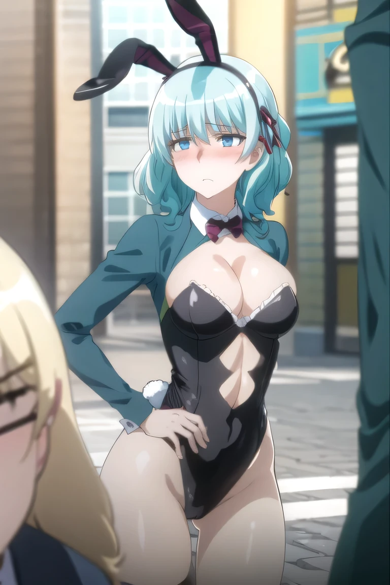 photorealistic, (4k), (upper body), depth of field, (Masterpiece), (realistic skin texture), highly detailed, intricate, highly detailed, (upper body), professional photography, cover-up, bokeh, high resolution, sharp details, best quality, girl, aqua hair, medium hair, blue eyes,(((black bunny suit,bunny ears))) frills, (((blush,embarassed)))