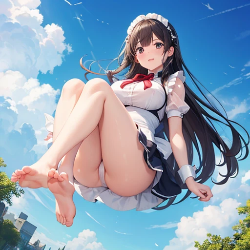 masterpiece, highest quality, High resolution,  Long Hair， Short skirt、Drooping eyes，Outdoor，barefoot，Looking up，Embarrassed face，Angle from below、Big Breasts，Flip up the skirt、Maid Cosplay、White underwear、See-through、