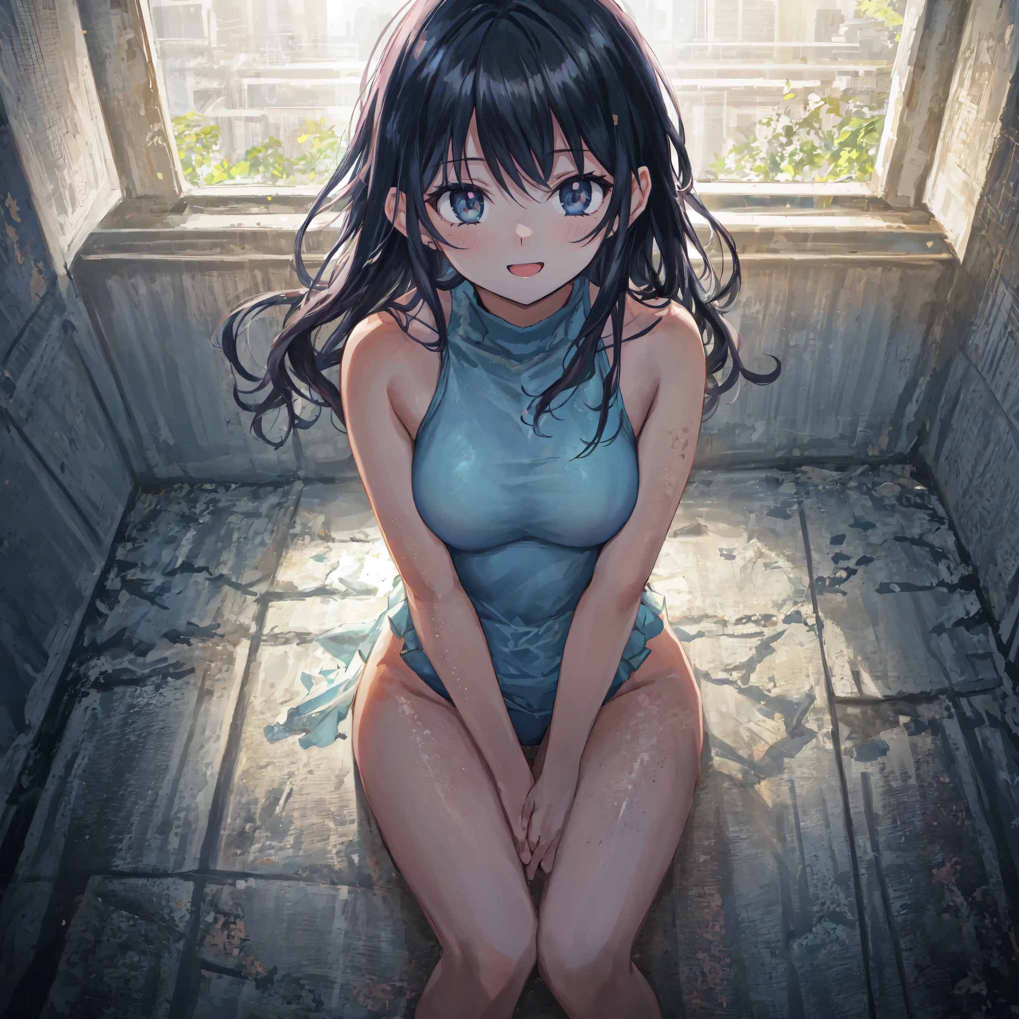 Beautiful illustrations, highest quality, pretty girl,{{From below}},high school girl,{{{sit}}},Happy,break,Torn,break,{{Swimsuit}},{{Beautiful Eyes 1:4}},{{Looking into the distance}},,Beautiful medium to large breasts 1:4,high school girl
