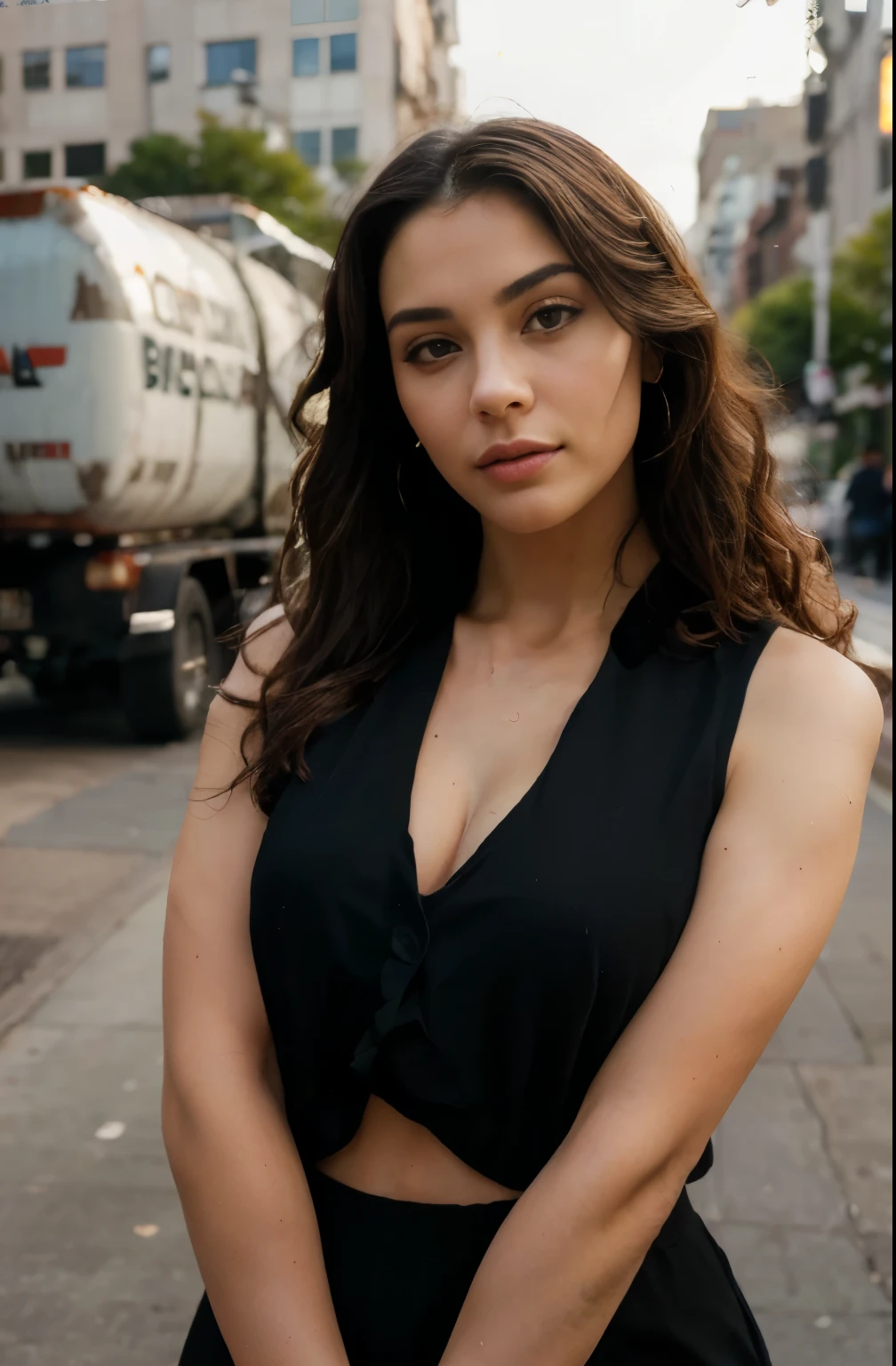 (best quality,4k,8k,highres,masterpiece:1.2),ultra-detailed,(realistic,photorealistic,photo-realistic:1.37),portrait,Colombian lady,Ella Parnell lookalike,burgundy curly hair,sexy work clothes,cement mixer truck,New York City,professional,street scene,colorful,HDR,studio lighting,sharp focus,vivid colors,lively atmosphere,lots of details,urban setting,modern cityscape,daytime,energetic,confident expression,posing confidently,city hustle and bustle,sophisticated,stylish,dynamic perspective,glowing lights,crisp shadows,striking composition,compositionally balanced,business district,elegant,city lifestyle,urban exploration