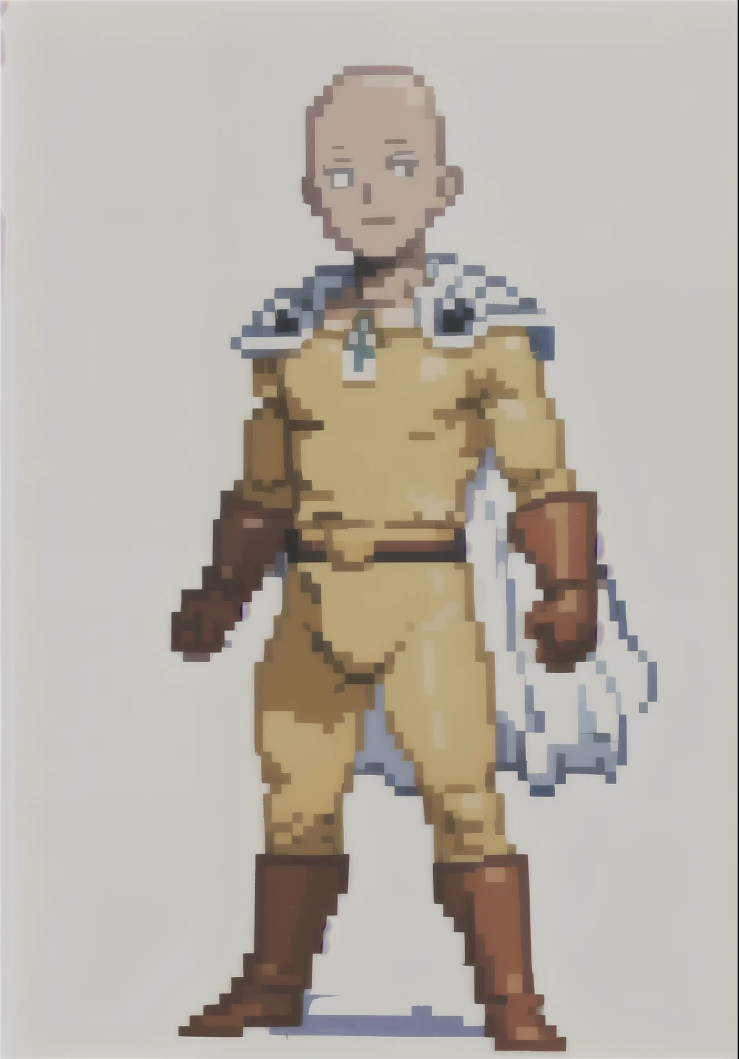 pixai, hombre,sonrisa, Ojos cerrados,,  traje amarillo con guantes rojos, Brillantina, white cape saitama hero style full body, pixel